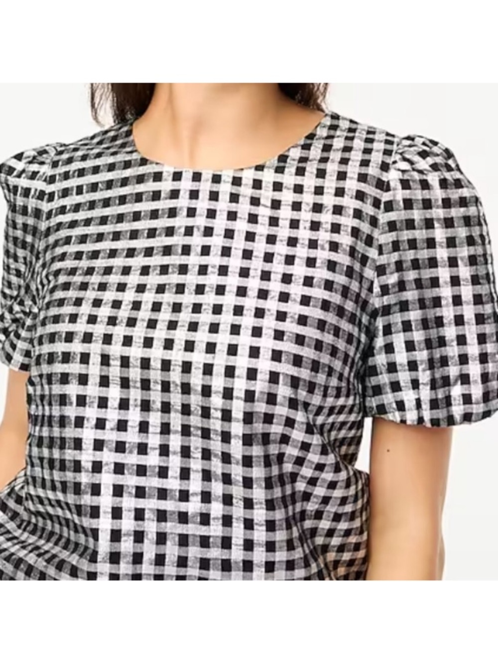J. Crew NWT Black Silver Gingham Print Metallic Short Sleeve Blouse Size S